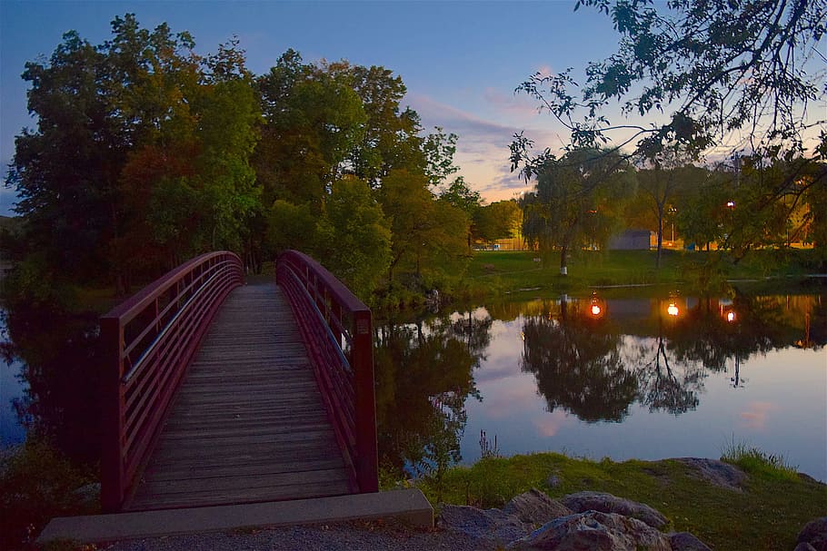 bridge, pond, sunset, park, water, reflection, summer, blue HD wallpaper