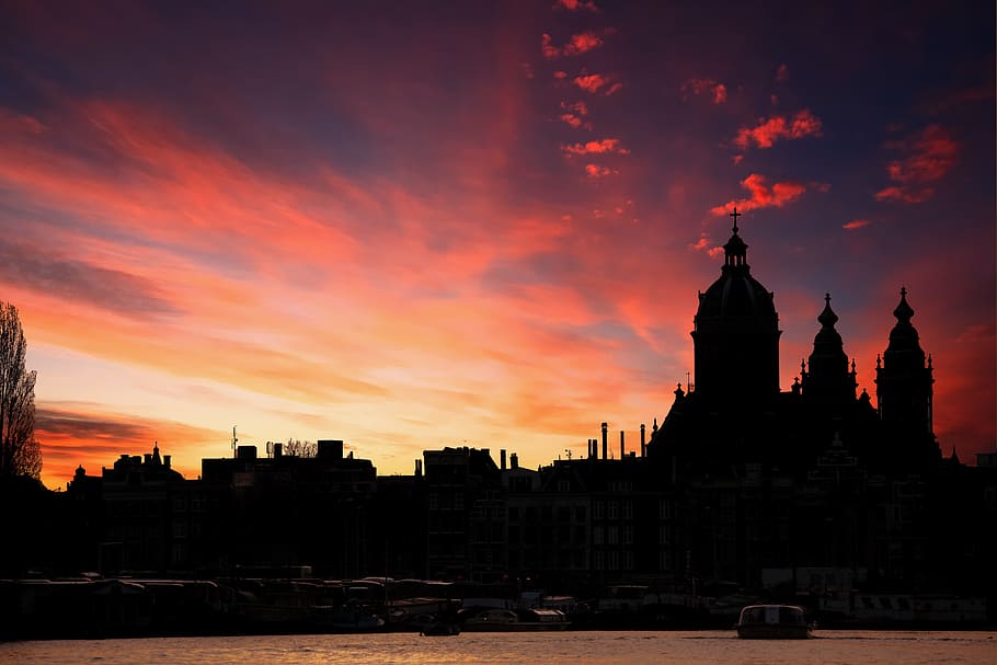 sunset, silhouette, sky, evening, built structure, building exterior HD wallpaper