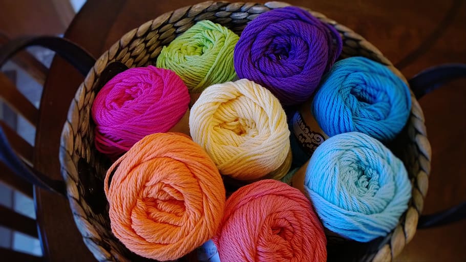 basket of assorted-color yarns, knitting, wool, textile, ball of wool