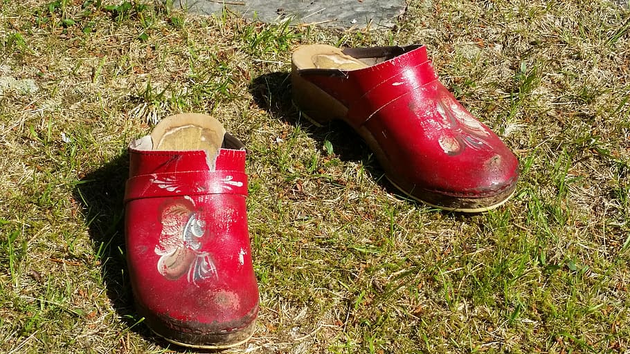 clogs, grass, red, shoe, boot, plant, rubber boot, nature, no people HD wallpaper