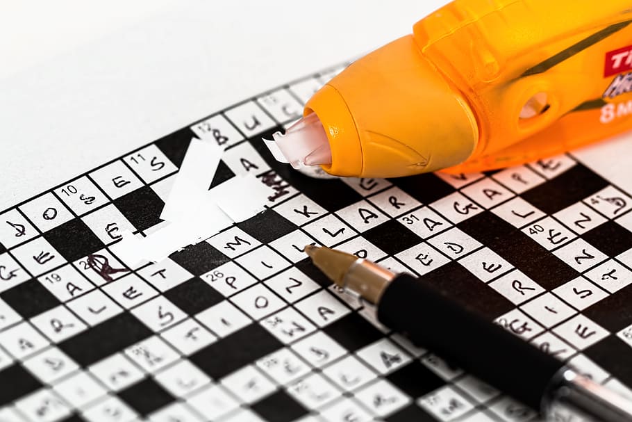 black and white crossword puzzle with pen and correction tape, HD wallpaper