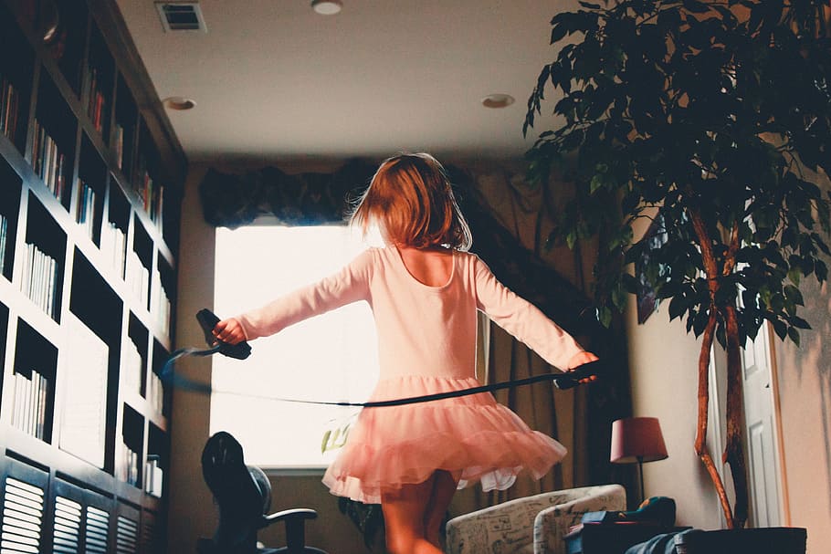 girl wearing pink leotards doing ballet, house, interior, plants HD wallpaper