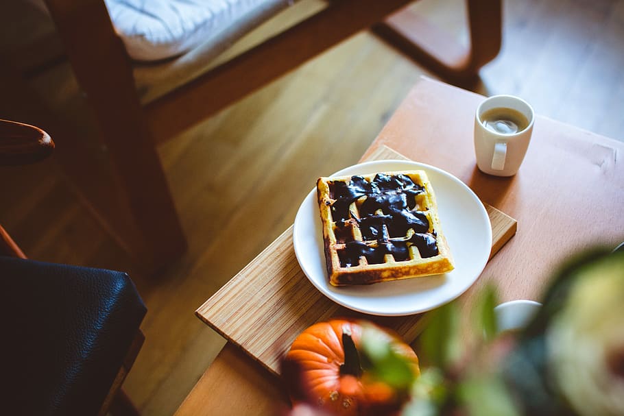 Autumn relax with waffle and coffee, chocolate, dark chocolate