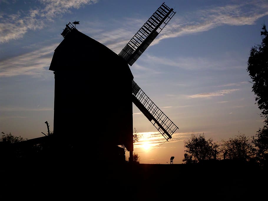 germany, sunset, windmill, sky, clouds, silhouette, silhouettes HD wallpaper