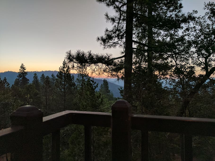 sunset, nature, mountains, tree, plant, sky, railing, no people HD wallpaper
