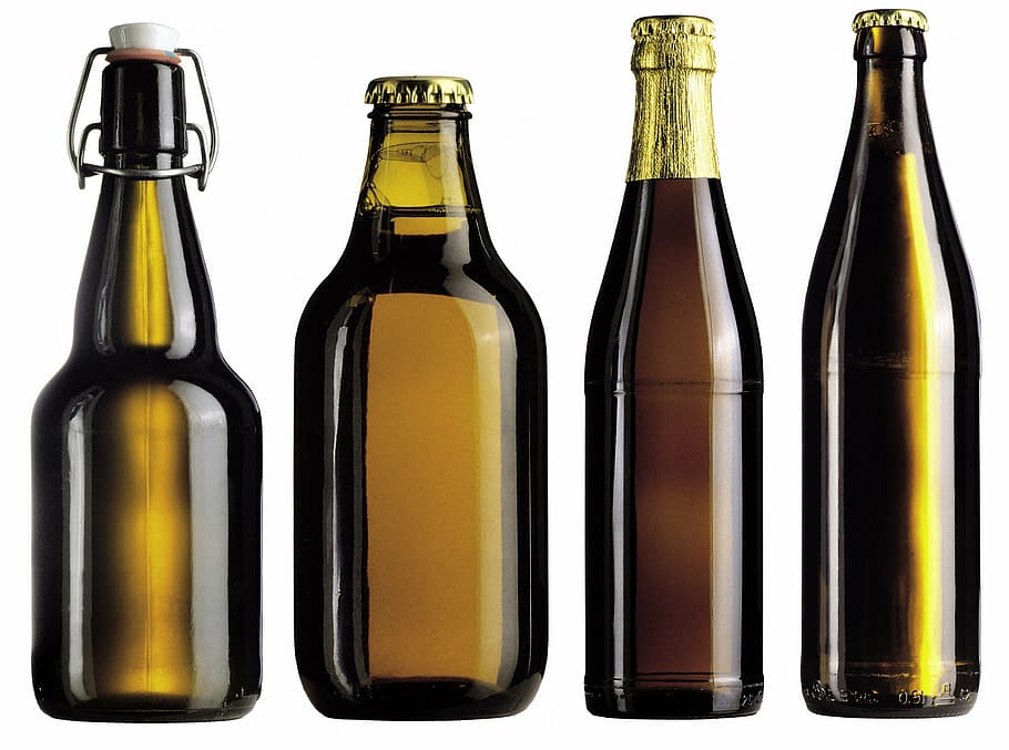 four glass decanters, beer, bottles, drinks, alcohol, glass bottle HD wallpaper