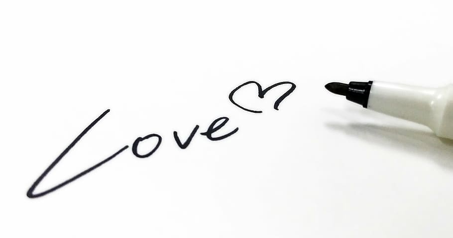 love handwritten text near black marker, letter, hart, note paper, HD wallpaper
