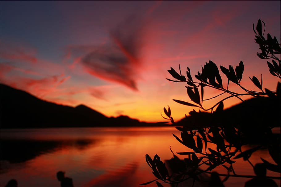 sunset, dusk, sky, lake, water, silhouette, nature, landscape HD wallpaper