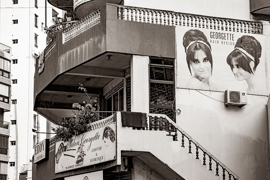 hairdresser, outdoor, old, poster, woman, beirut, lebanon, architecture