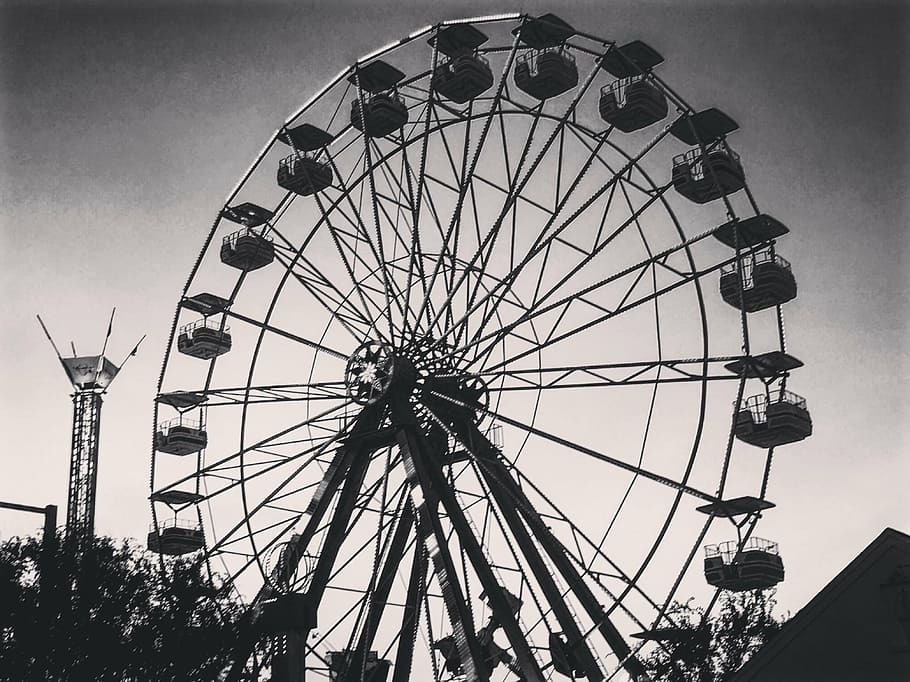 grayscale photography of ferris wheel, carnival, fun, fair HD wallpaper
