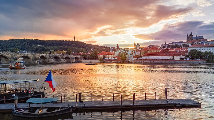 prague, sunset, river, famous, water, architecture, sky, nautical vessel HD wallpaper