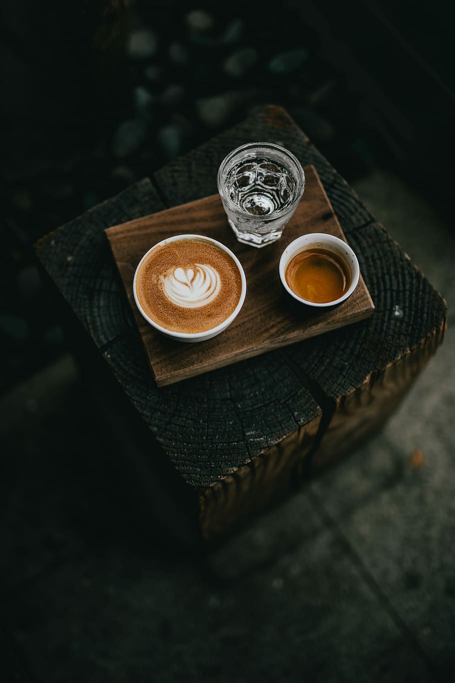 white ceramic cup filled with coffee beside glass of water, cappuccino near drinking glass on wooden table, HD wallpaper