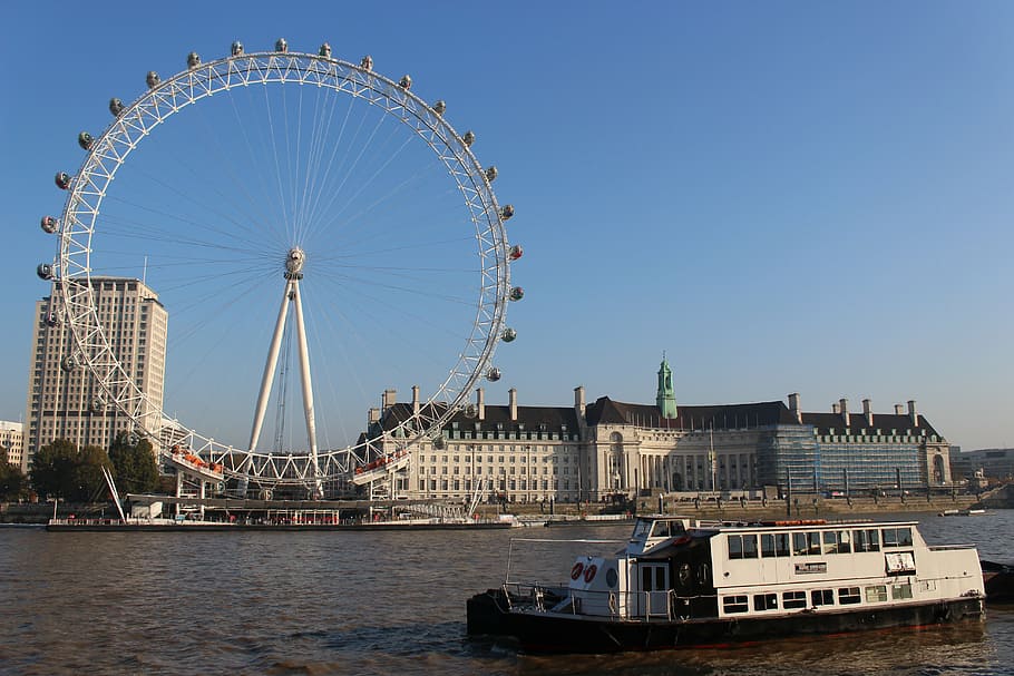white ferris wheel beside lake under blue sky during daytime HD wallpaper