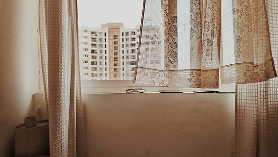 white and brown building see through window during daytime, white and brown floral window curtain during daytime photo HD wallpaper