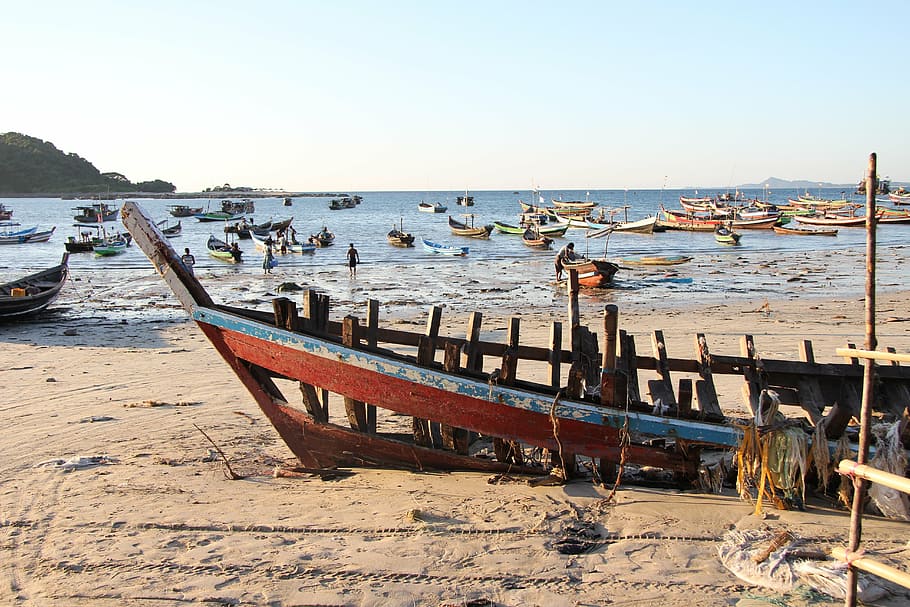 myanmar, beach, boat, sea, nautical Vessel, coastline, nature HD wallpaper