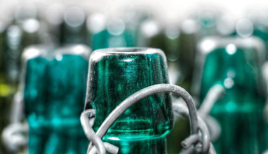 focus photography of blue glass bottle lip, bottles, old bottles HD wallpaper
