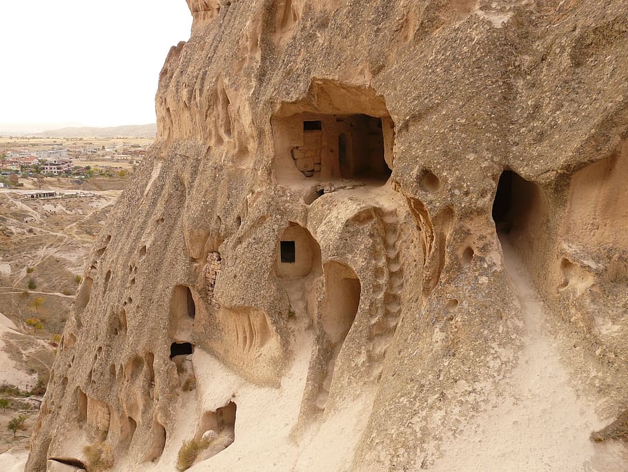 uchisar, cappadocia, nevşehir, turkey, rock apartments, dwellings, HD wallpaper