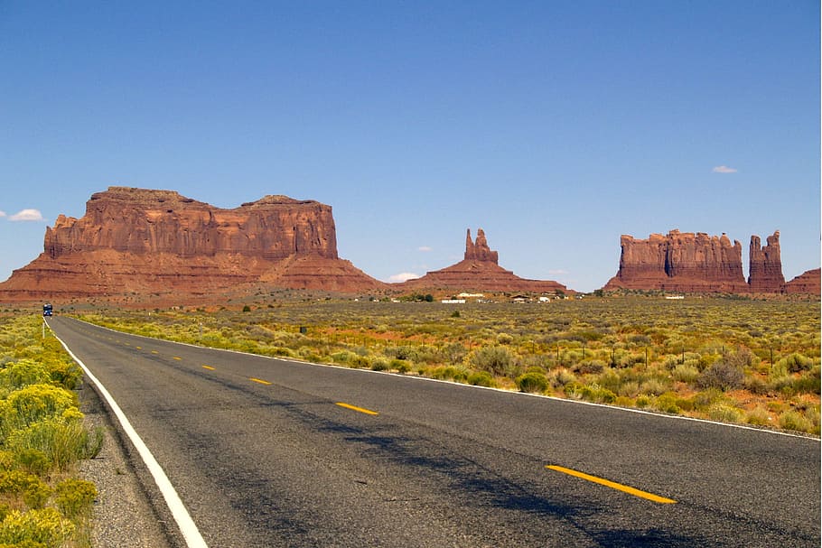gray asphalt road in the middle of grassland during daytime, Monument Valley, HD wallpaper