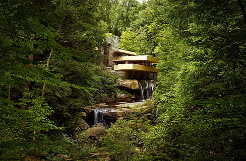 brown house on the middle of forest with water fountain during daytime HD wallpaper