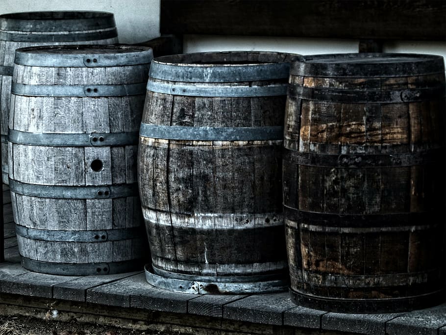 four gray wooden barrels, kegs, heritage, cask, wine, alcohol, HD wallpaper