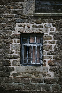 black wooden glass panel window on grey brick wall, rectangular black wooden framed glass panel window HD wallpaper