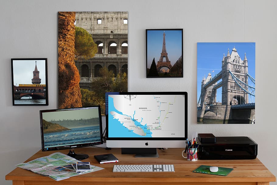 workplace, mac, travel, photos, plan, map, design, creative HD wallpaper