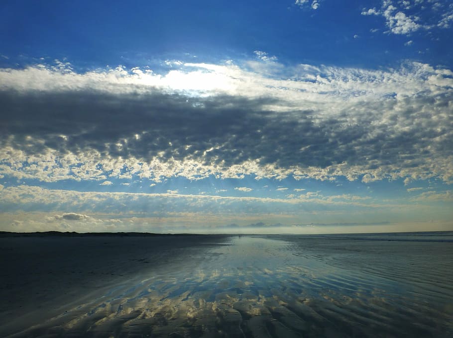 beach, clouds, sun, shadow play, sand, water, sky, cloud - sky HD wallpaper