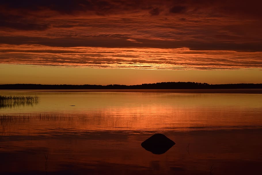 lake, sunset, stone, tranquility, sky, water, scenics - nature HD wallpaper