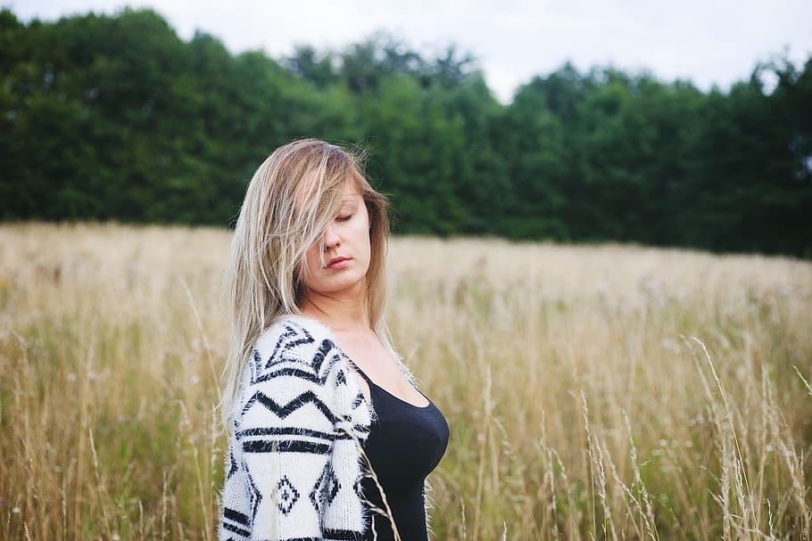 woman standing on rice field, blonde, girl, eyes, eyes closed