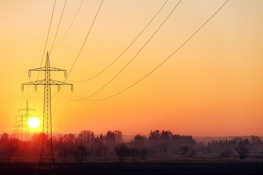 silhouette photography of electric post, afterglow, sunset HD wallpaper