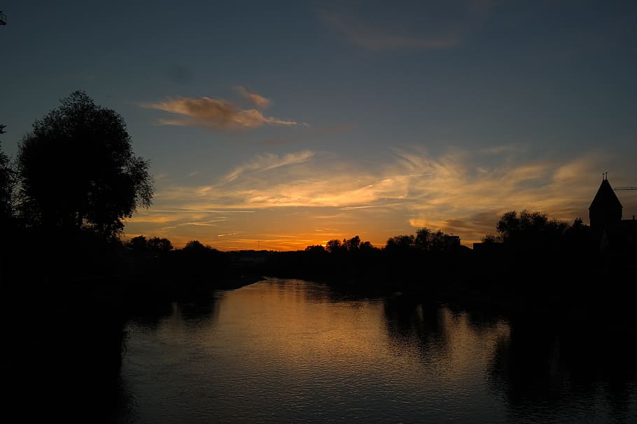 sunset, evening sky, clouds, river, danube, water, back light HD wallpaper