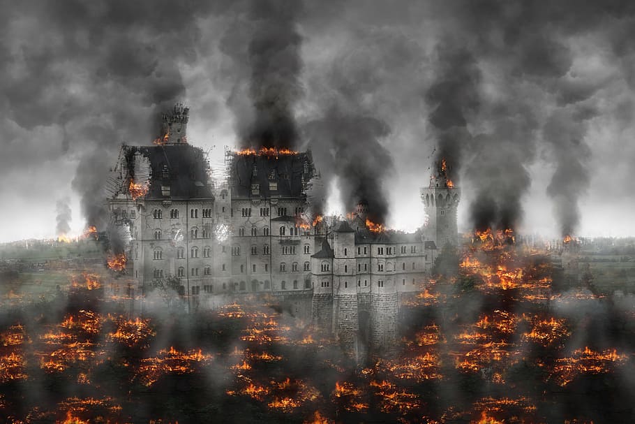 buildings on fire illustration, destruction, war, conflict, explosive, HD wallpaper
