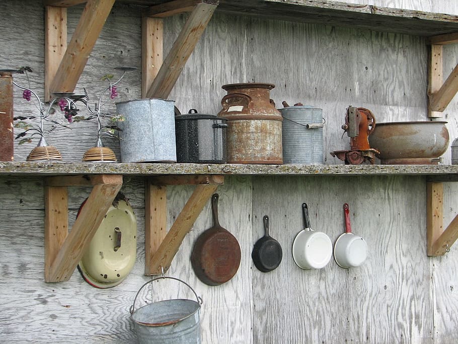 assorted-color cookware hanged on shelf, rusty, vintage, antique HD wallpaper