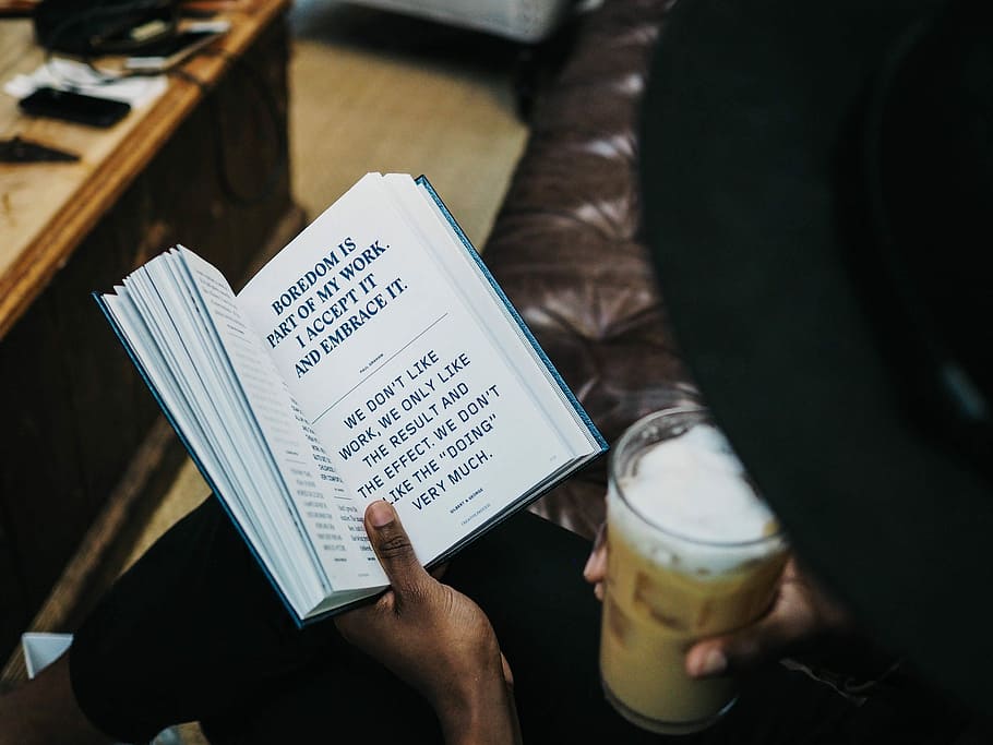 person reading blue book, person holding book, coffee, drink HD wallpaper