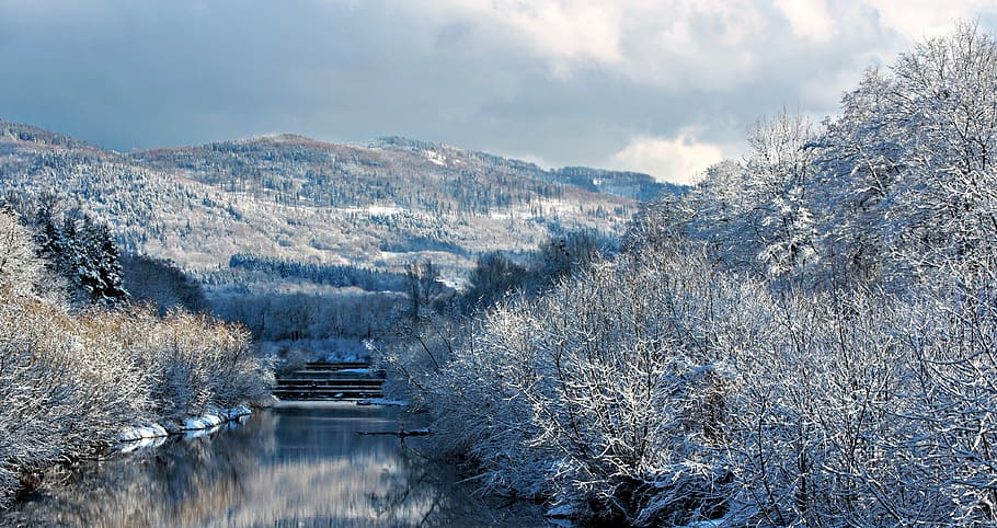 winter, river, snow, landscape, white, nature, glacial, water HD wallpaper