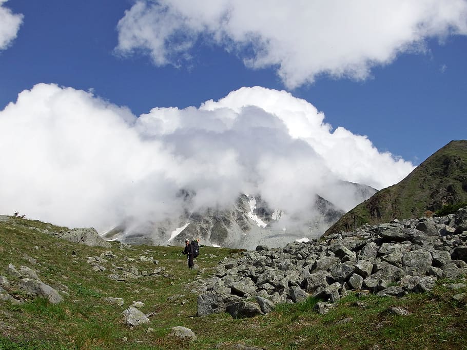 mountain, climbing, trail, scree, stones, height, clouds, landscape, HD wallpaper