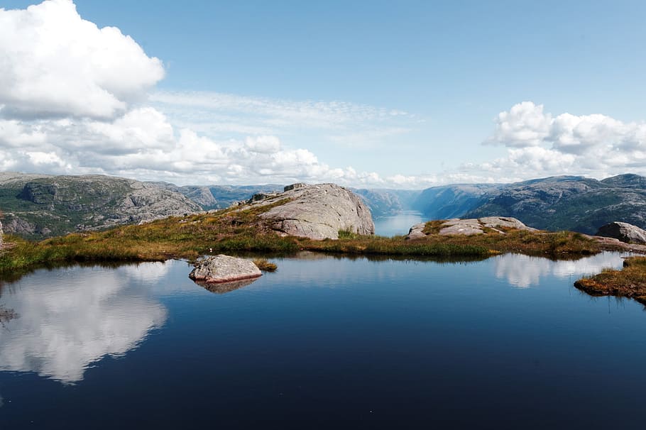 reflective photography of mountains near body of water, aerial photography of body of water and mountains HD wallpaper