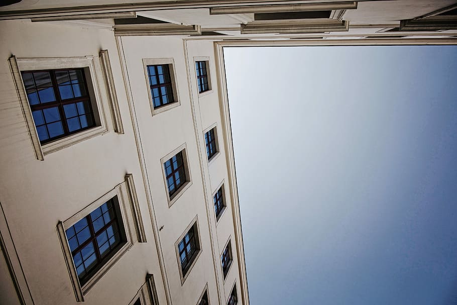 low angel photography of white building, worm's eye view photo of building HD wallpaper