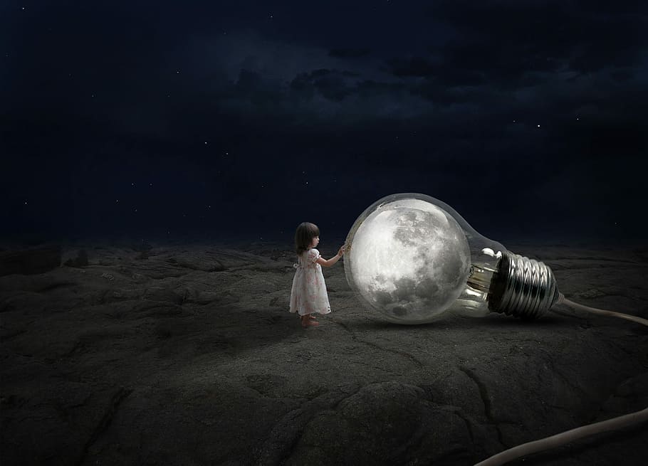 girl touching bulb with moon reflection, folk, light, sky, month HD wallpaper