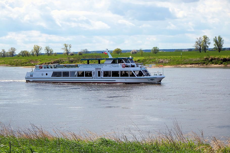 excursion steamer, ship, river, landscape, clouds, sky, mood HD wallpaper