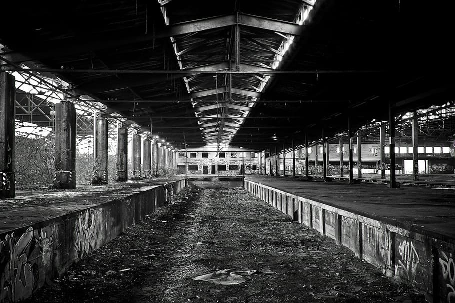 lost places, old, decay, ruin, railway depot, train, train hall, HD wallpaper