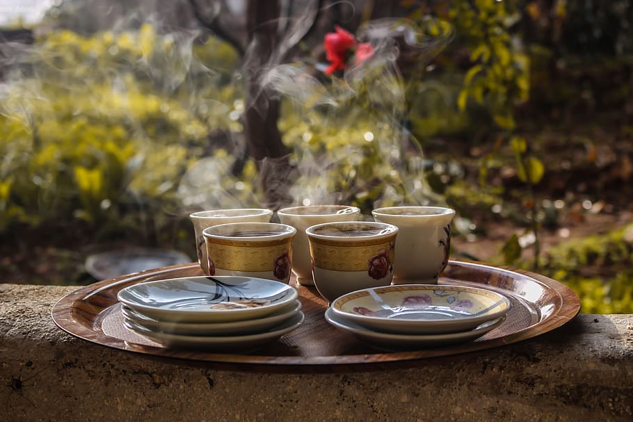 Brown Ceramic Teacups Beside Saucers on Brown Serving Plate, blur HD wallpaper