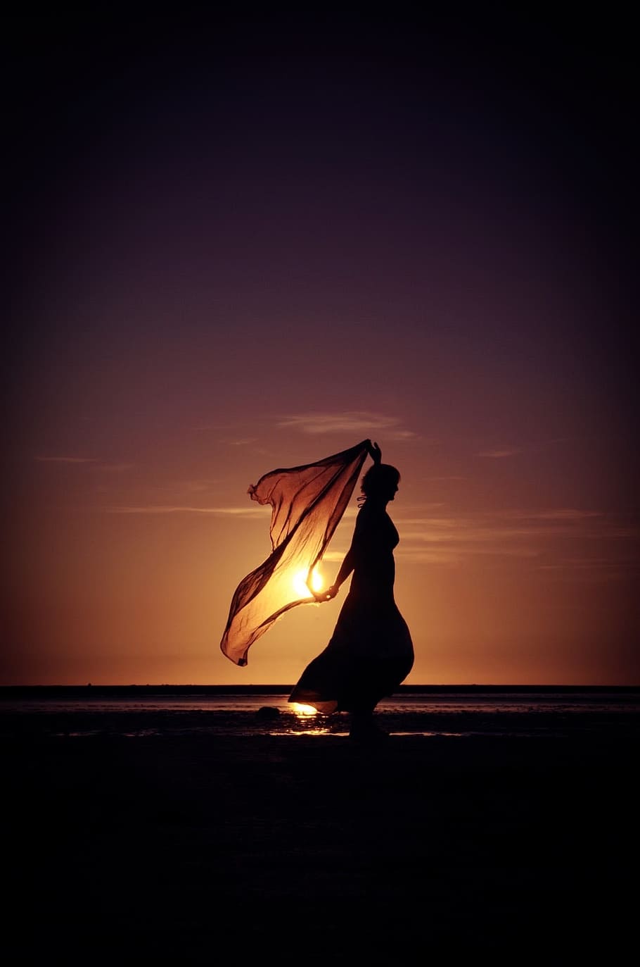 silhouette of woman holding textile, back light, sunset, dusk HD wallpaper