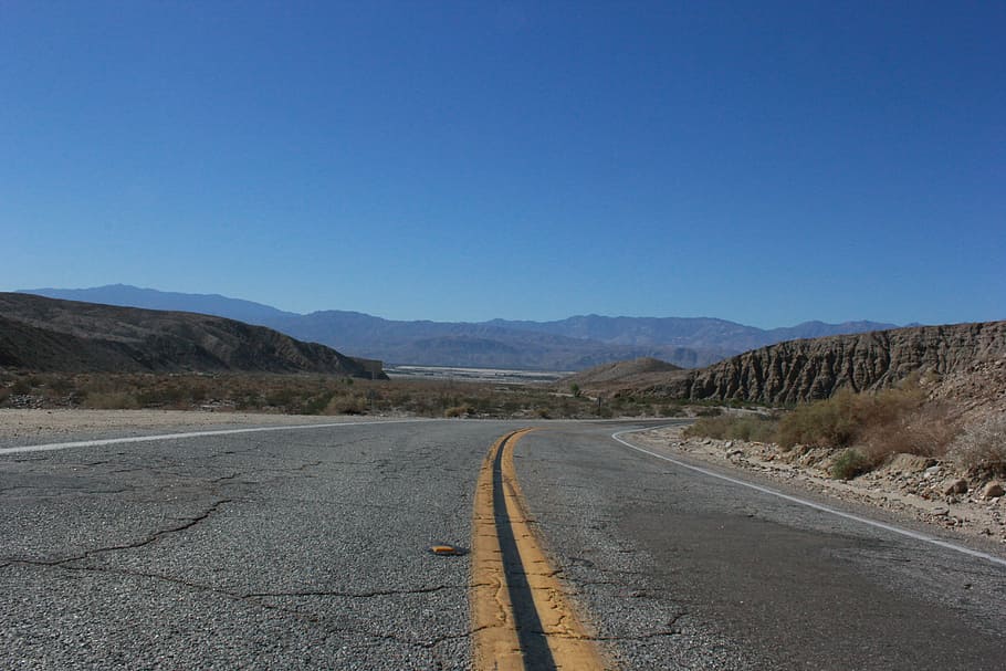 way, view, mountains, desert, landscape, road, transportation HD wallpaper