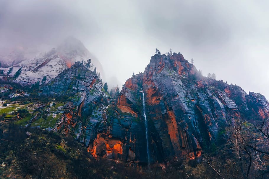 grey and orange rocky mountain, zion national park, utah, mountains, HD wallpaper
