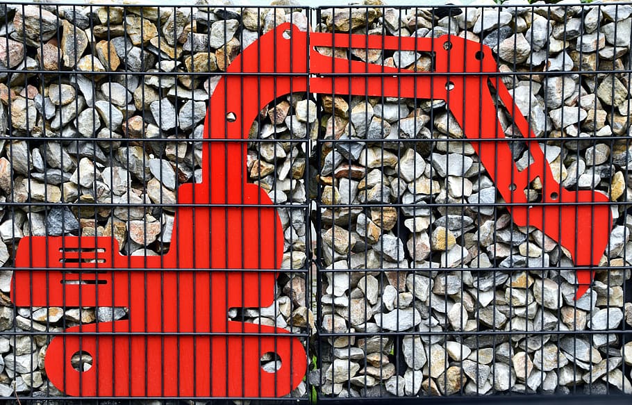 Excavators, Red, Wall, Stone Wall, stone basket, stones, decoration HD wallpaper