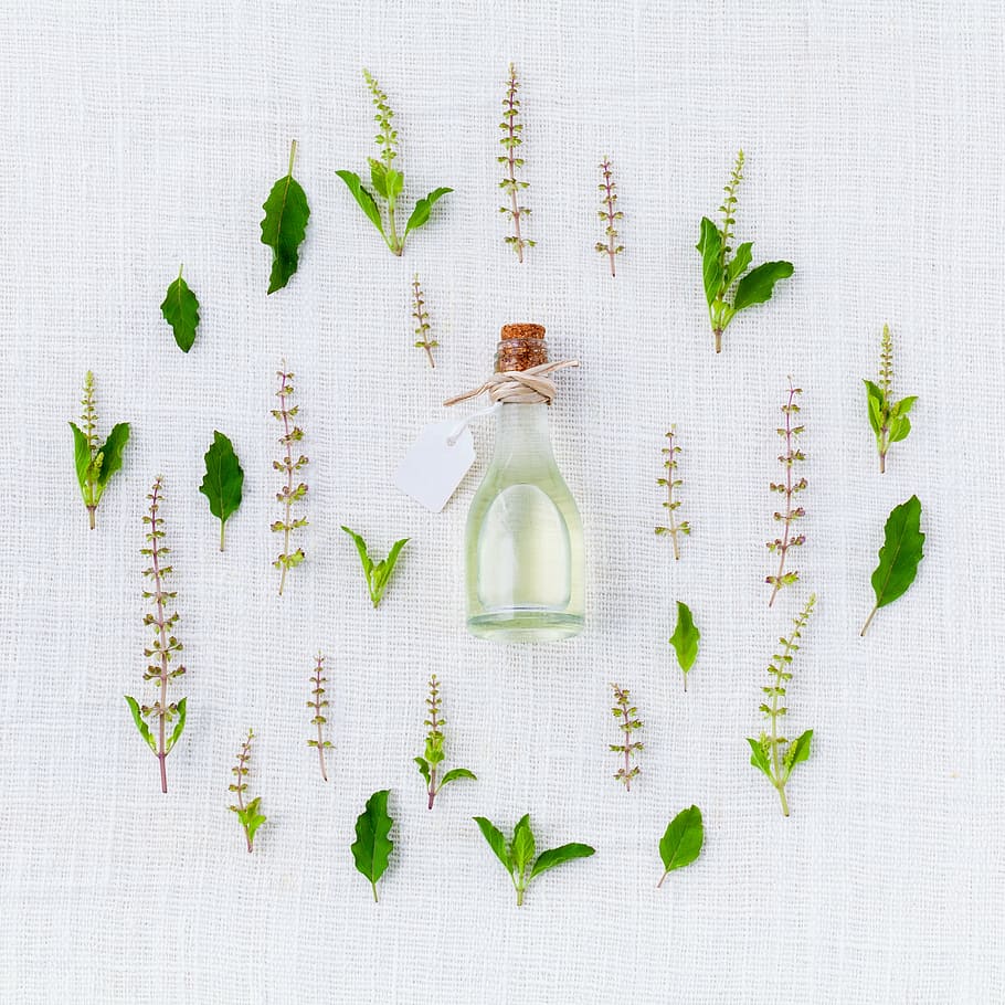 clear glass potion bottle, aroma, basil, preparation, natural