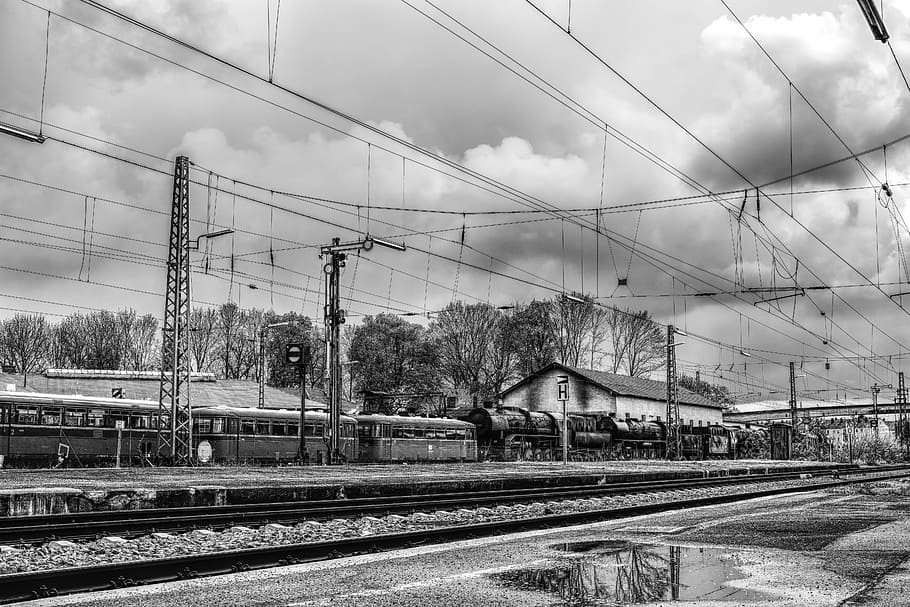 dramatic, blackjack, nostalgic, train, railway station, black white HD wallpaper