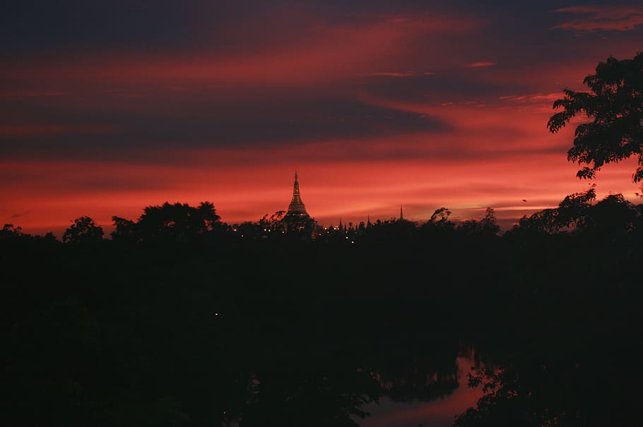 sunset, myanmar, yangon, burma, buddhism, pagoda, rangoon, asia, HD wallpaper