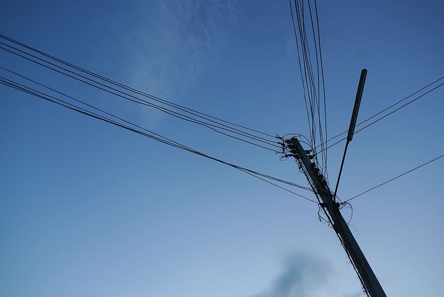blue sky, electric pole, cable, electricity, power supply, fuel and power generation HD wallpaper